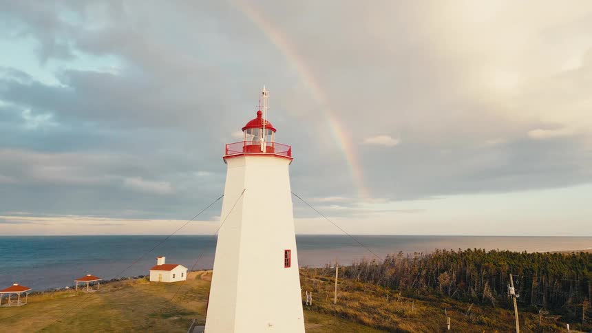 An aerial medium view shows a tall white lighthouse with a red top standing on a grassy bluff overlooking the blue ocean with a full rainbow arcing across the dramatic partially cloudy sky