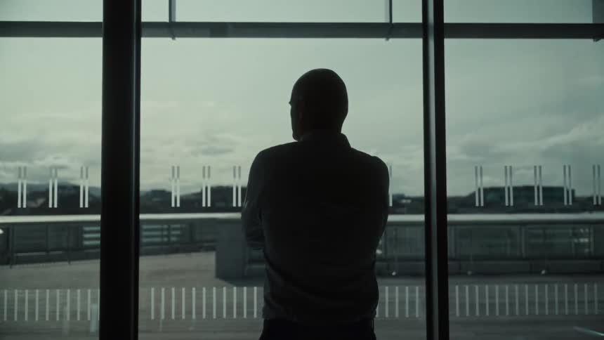 A person stands motionless with arms crossed in the center of a large window their figure silhouetted against the bright outdoor light and a low urban skyline