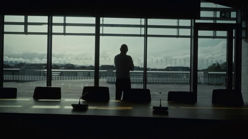 A dark silhouette of a man walks toward and stands at the large glass windows of an empty conference room overlooking an urban landscape with microphones visible on the table in the foreground