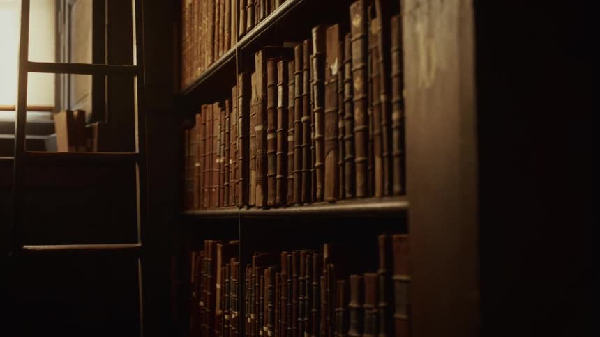 A dimly lit library shelf holds rows of worn leatherbound books beside a tall wooden ladder near a bright window