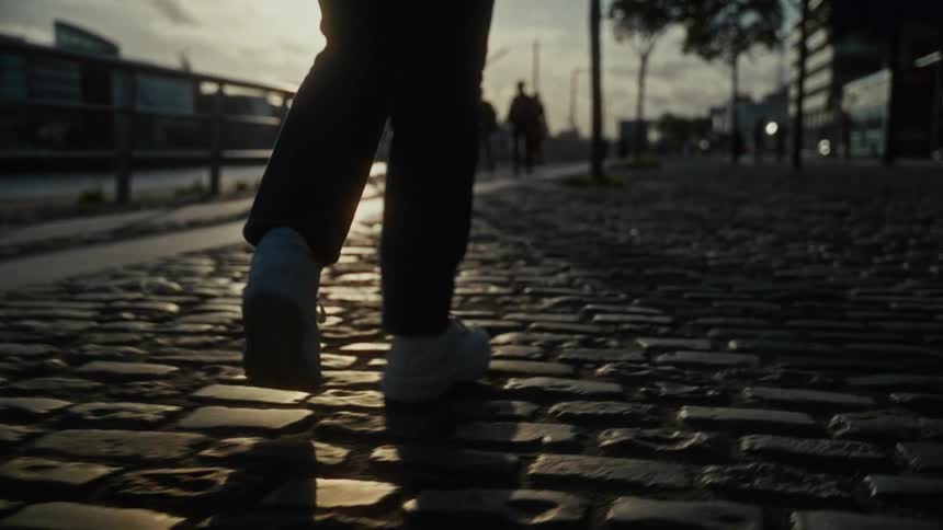The video is a lowangle closeup shot of a persons legs and white sneakers walking forward on an old stone cobblestone street the setting sun creates a strong silhouette effect casting long shadows and a golden glow on the ground as the perso