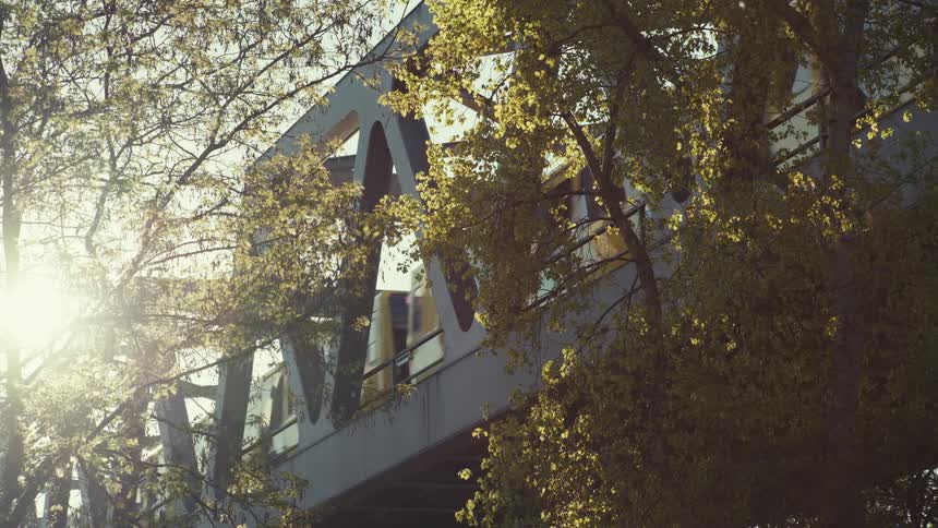 From a low angle a commuter train passes over a metal bridge as bright sunlight flares through the green leaves of nearby trees