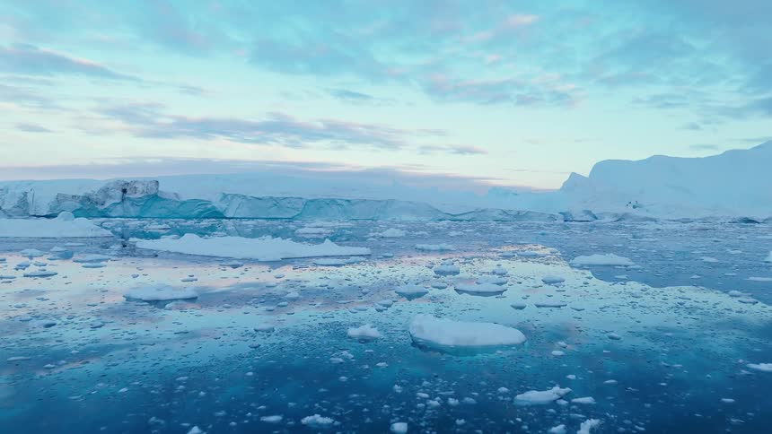 Chunks of ice are floating in the water near a glacier on the edge of the sea