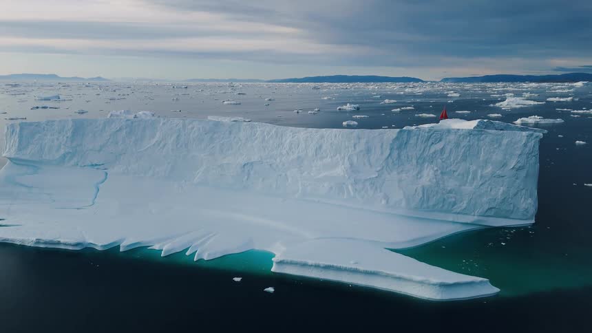 Aerial view of a massive iceberg floating in dark arctic waters under a cloudy sky