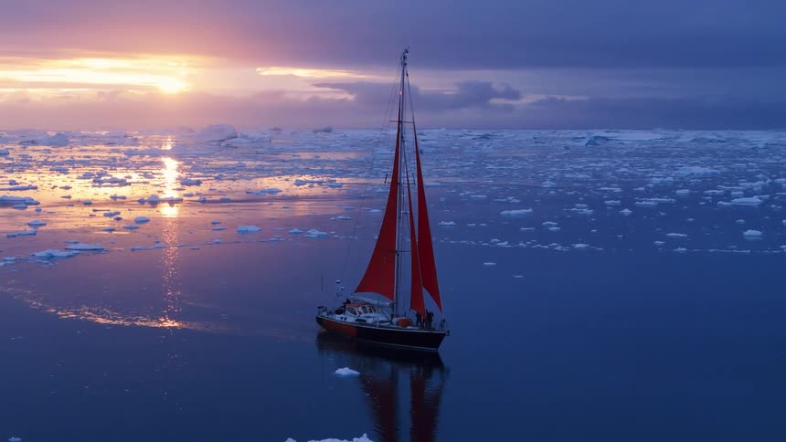 Aerial view of sailboat navigating icy arctic waters at sunset