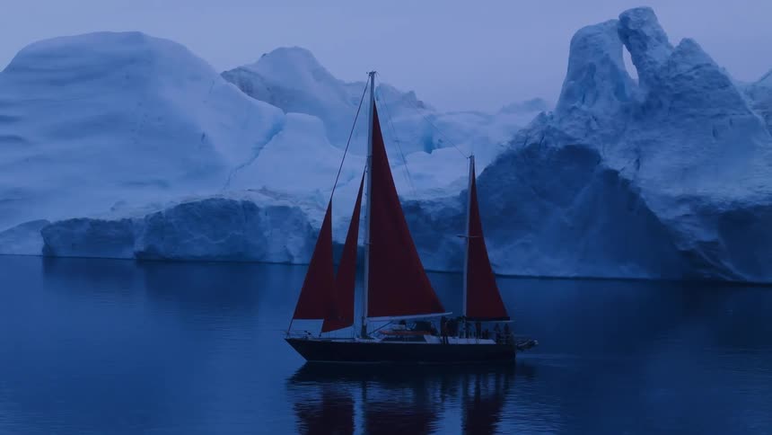 Crew on a ship sailing along the arctic coast
