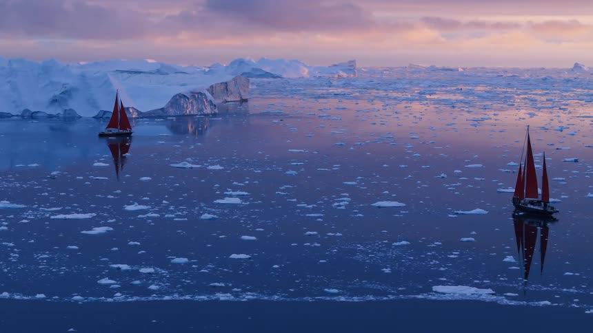 Aerial view of two sailboats navigating icy ocean near icebergs at twilight
