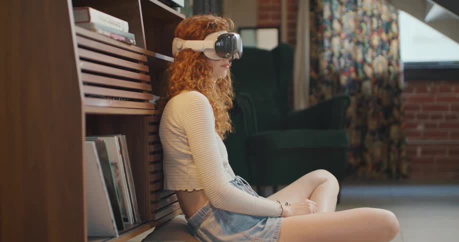 Teenage girl sitting on the floor wearing a virtual reality headset as she moves her head and looks around
