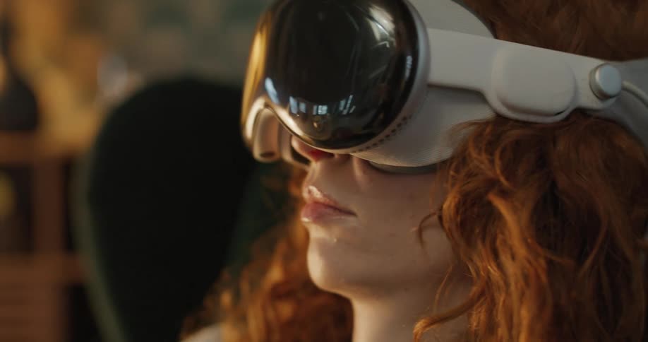 The video is a closeup profile shot of a young woman with curly red hair wearing a futuristic white vrmr headset with glossy reflective goggles the camera focuses on the lower half of the headset and her slightly parted lips suggesting a mome