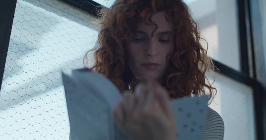 Woman reading a small book indoors by a window