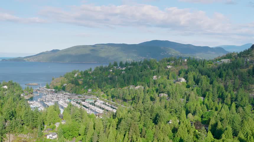 Aerial view of marina by forested coast and mountains under a cloudy sky