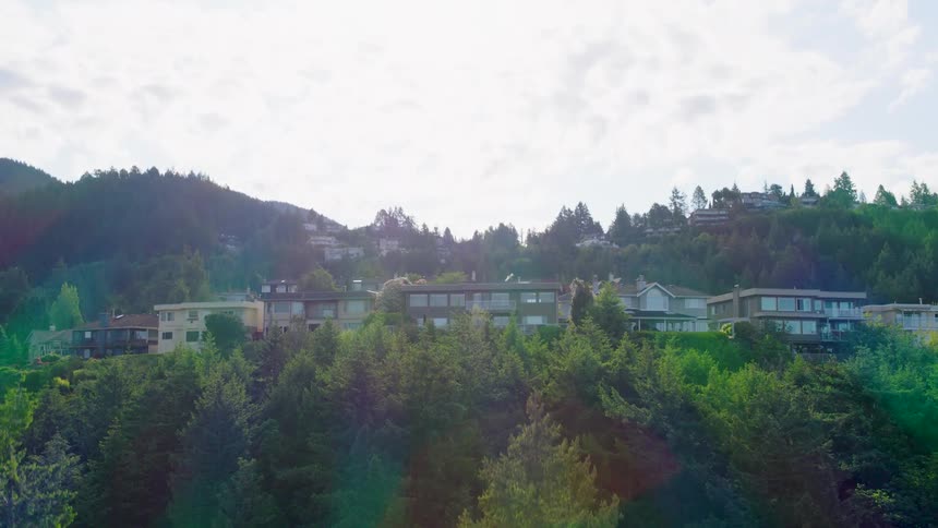 Sunlight streams through the tops of tall evergreen trees to reveal a hillside community of modern homes built into a dense green forest beneath distant mountains