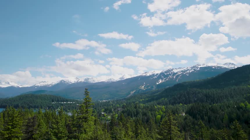 The video is an establishing shot of a bright clear summer day in a mountain range it shows a line of lush green pine trees in the foreground with snowcapped mountains and a blue sky dotted with white clouds in the background