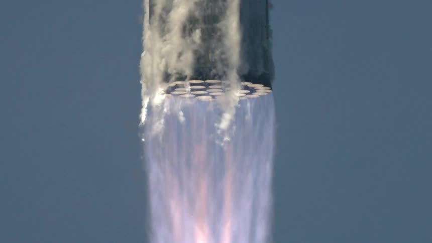 The rocket leaves smoke behind as it takes off
