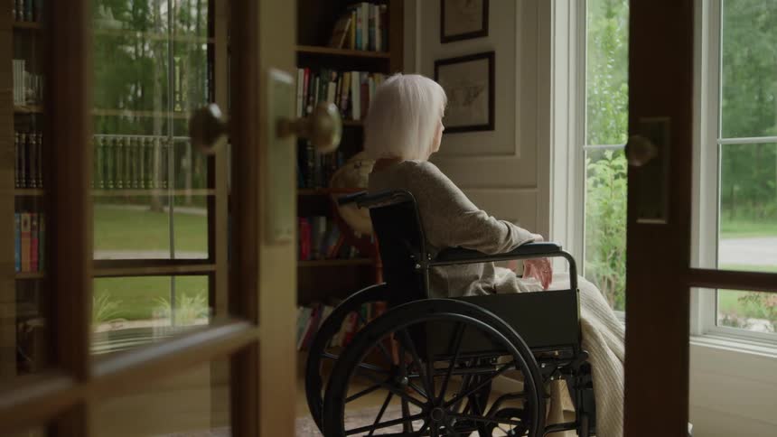 Elderly woman in a wheelchair looks out a window at a green backyard