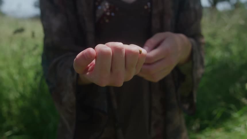 A woman holds out her hand as a ladybug crawls over her fingers