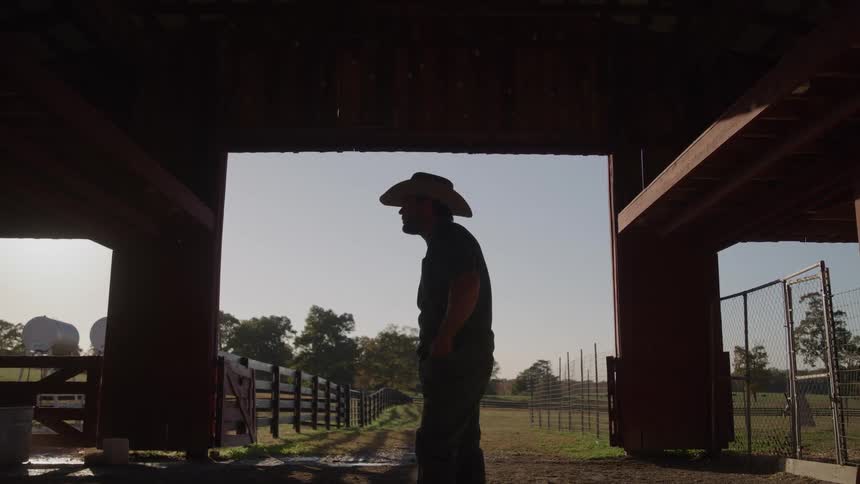 A silhouetted cowboy wearing a hat stands in the doorway of a barn or shed looking down a long fenced dirt road on a bright sunny farm