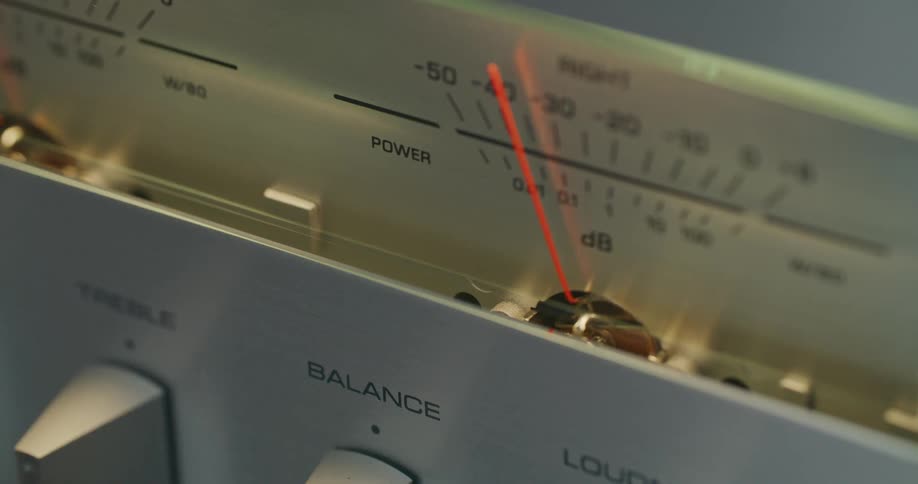 A brushed metal meter face labeled right shows an orange needle near minus 30 among tight tick marks