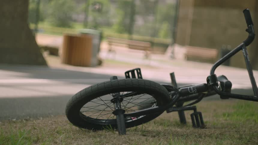 The bicycle is on the grass in the park