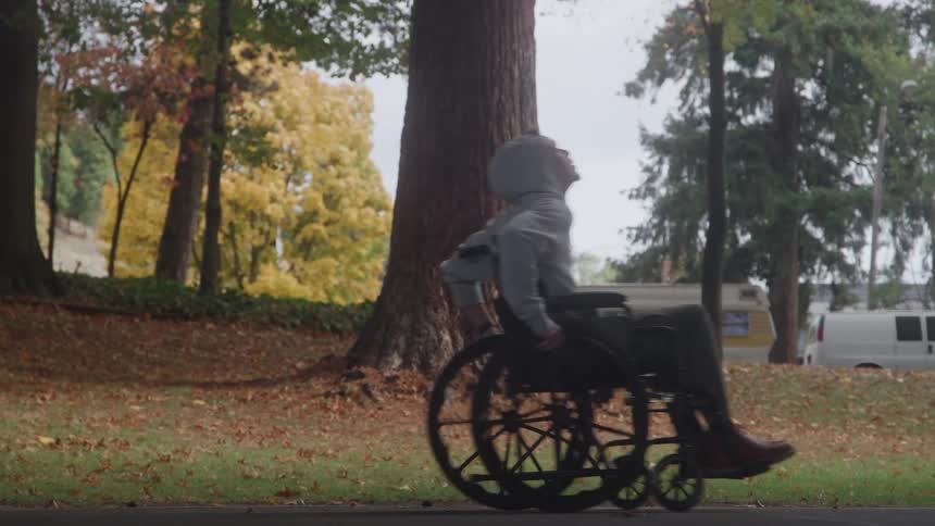 A person wearing a grey hoodie skillfully balances their wheelchair on its back wheels performing a wheelie as they roll along a park sidewalk past autumn trees