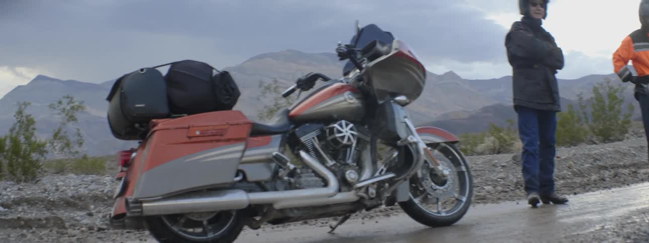 Several people standing in nature next to their motorcycles