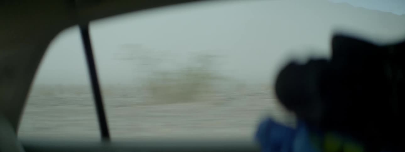A barren field is out the window of this car