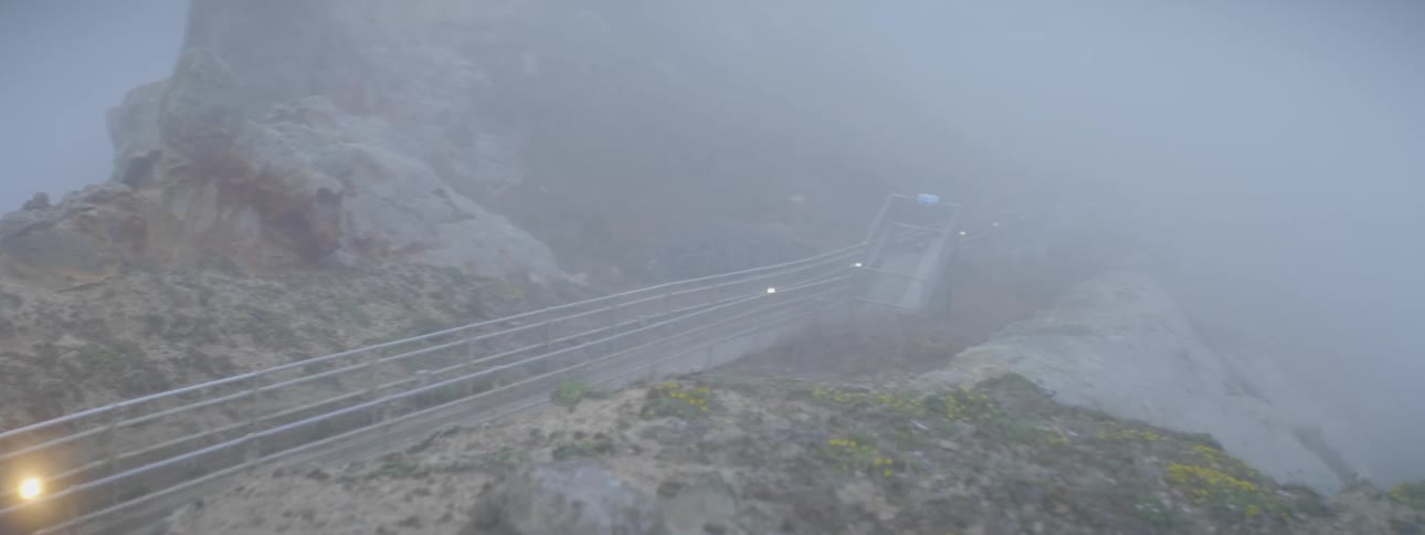 A bridge runs across this foggy area