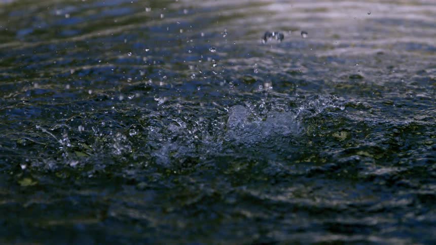 Closeup of raindrops splashing on the surface of a puddle