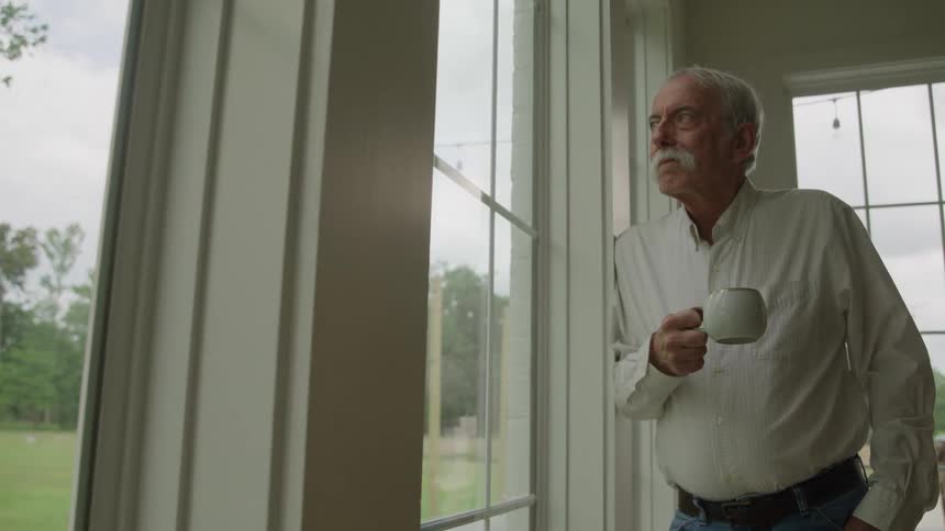 A grayhaired man wearing a white shirt and blue jeans stands next to a tall window inside a house holds a white mug to his chest and looks intently toward the view of a green outdoor area