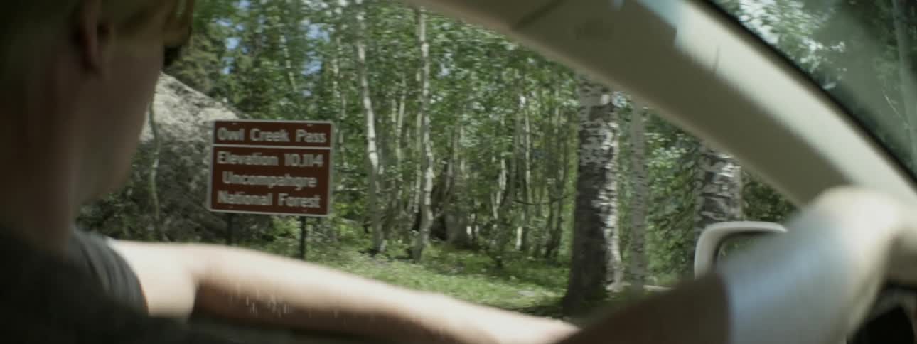 A person pulls away from a sign