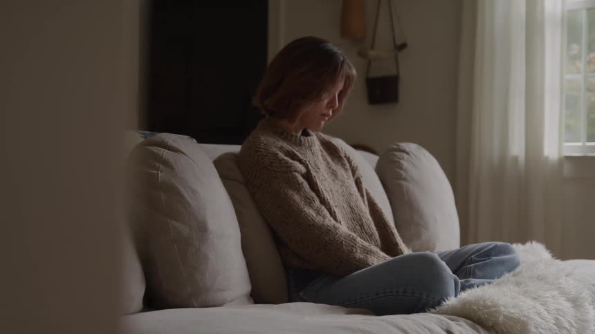 The video shows an outoffocus shot of a person sitting on a plush white blanket on a couch or chair seen from a distance through a doorwaythe figure is wearing a light brown or tan sweater and blue jeans positioned next to a bright window