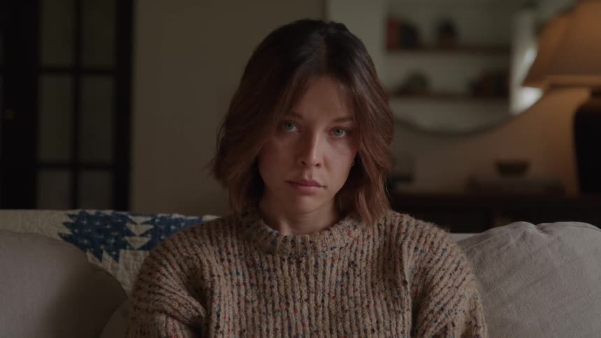 The video is a medium closeup of a young woman sitting indoors on a couch looking directly at the camerashe is wearing a knit sweater and has a neutral or slightly pensive expression in the soft dark lighting