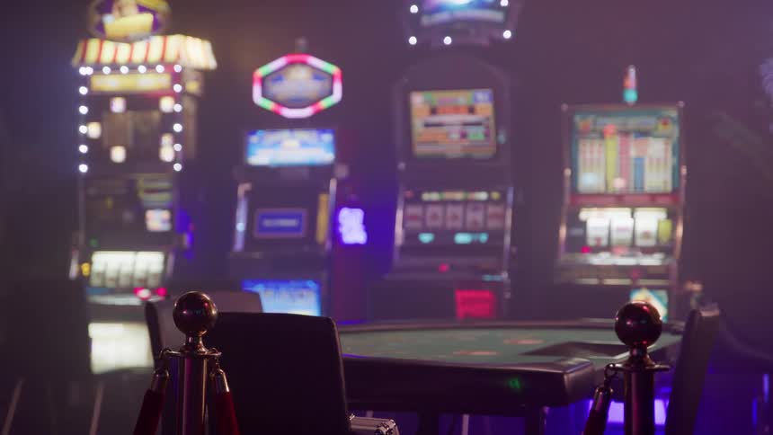 The video shows a dark moodily lit interior of a casino or arcade focused on a row of illuminated slot machinesin the foreground a poker table is partially visible demarcated by red velvet ropes and golden stanchions