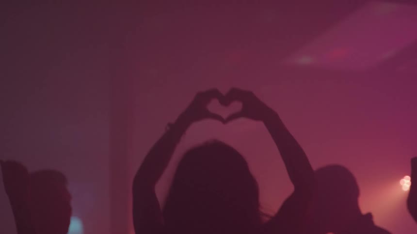 Some people enjoying a night party and one person is making a heart with his hands up