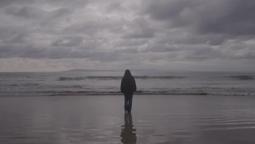 The video is a wide shot of an individual standing on a wet reflective beach shore facing the crashing waves and ocean horizonthe scene is moody and overcast dominated by gray skies and dark foamy water under a subdued natural light
