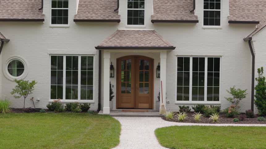 The exterior of a large white house