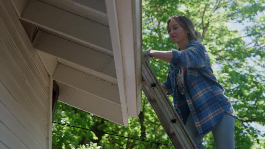 Women smiling while cleaning her gutters