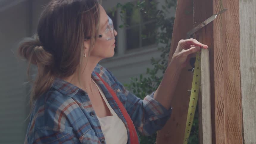 Interior designer measuring a wooden beam outside a house