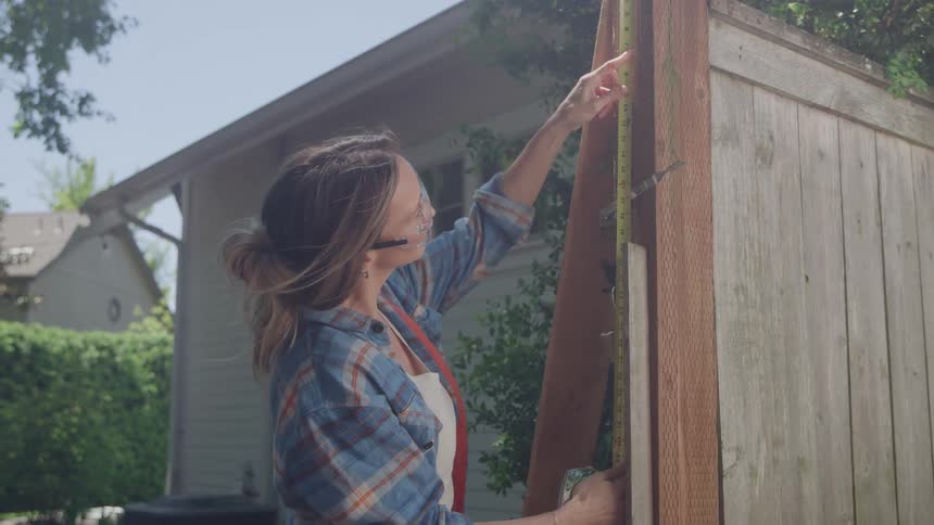 A woman wearing safety glasses and a plaid shirt stands outdoors measuring the height of a wooden fence post with a yellow measuring tape with a house and green foliage visible in the background