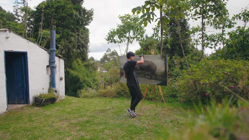 A person is setting up a canvas on an easel in a lush garden outdoors