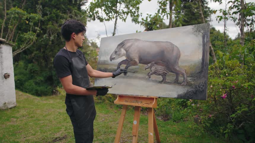 A young male artist in a black apron stands in a lush garden holding a palette while working on a large detailed oil painting of a mother tapir and her calf on an easel