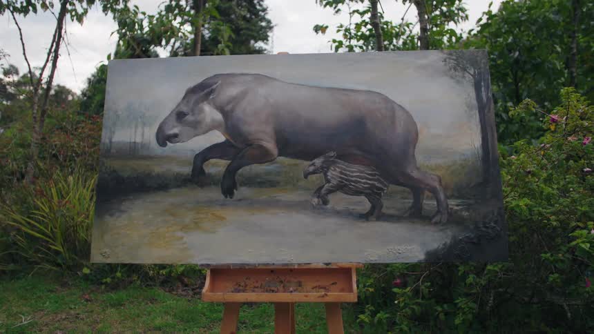 A painting of animals is on display in the yard