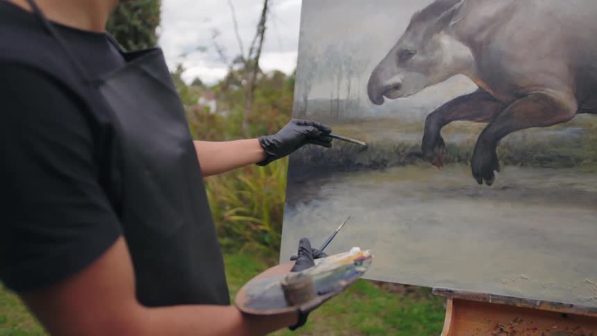 An artist wearing a black apron and gloves works outdoors on a large realistic oil painting of a tapir holding a palette and carefully applying details with a brush