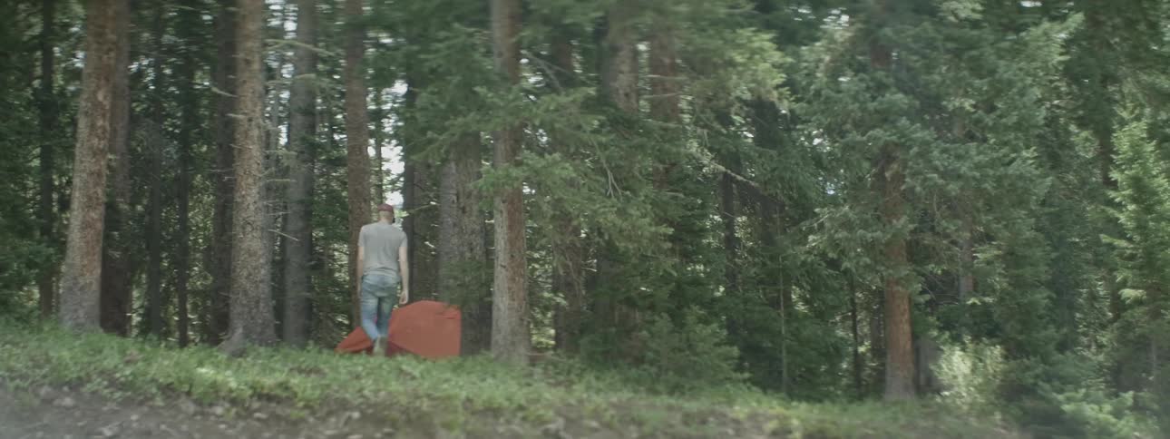 A man walks over to his tent in the forest