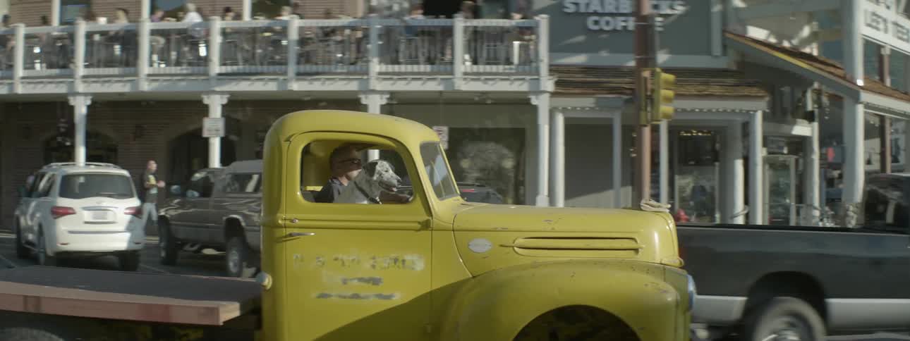 A dog rides in the passenger seat of an old pickup truck