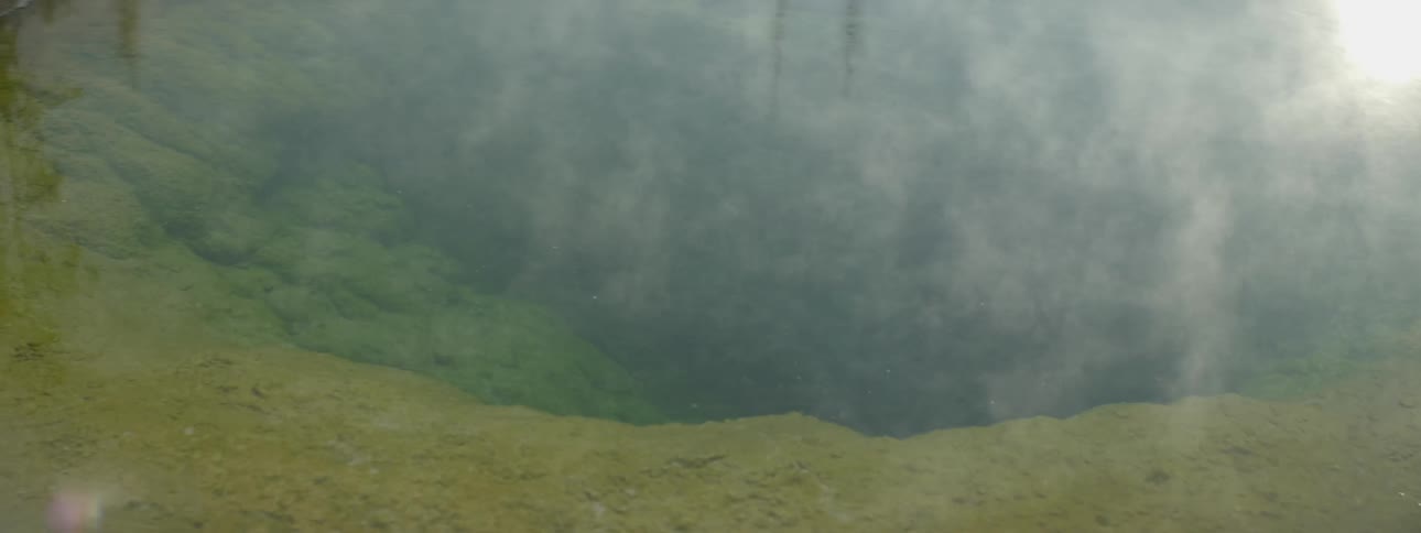 Steam rises from a hot spring