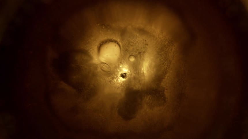 Bubbles forming in golden liquid as it boils