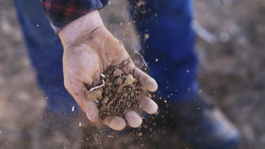 Hand lets soil fall through the fingers in a field