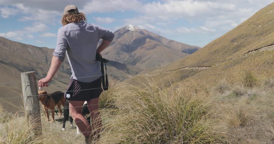A person wearing shorts and a light shirt stands in a mountainous landscape next to a wire fence with a dog on a leash nearby in the background there is a large mountain with a snowdusted peak under a blue sky with some clouds