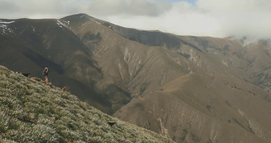 The video shows a wide shot of a vast mountainous landscape in the foreground a person is standing on a steep grassy slope with what appear to be a few dogs nearby looking out over the deep valleys and ridges of the bare brown mountains that stretch